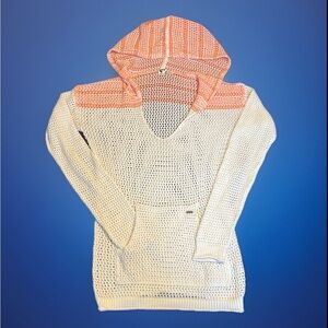 ROXY Peach & White Women's Open Knit Hoodie Sweater sz M